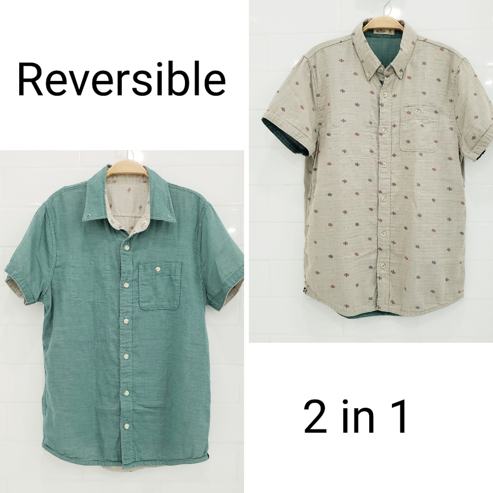 Hollister Reversible Beige Geometric Or Green Striped Button Down Shirt Sz M